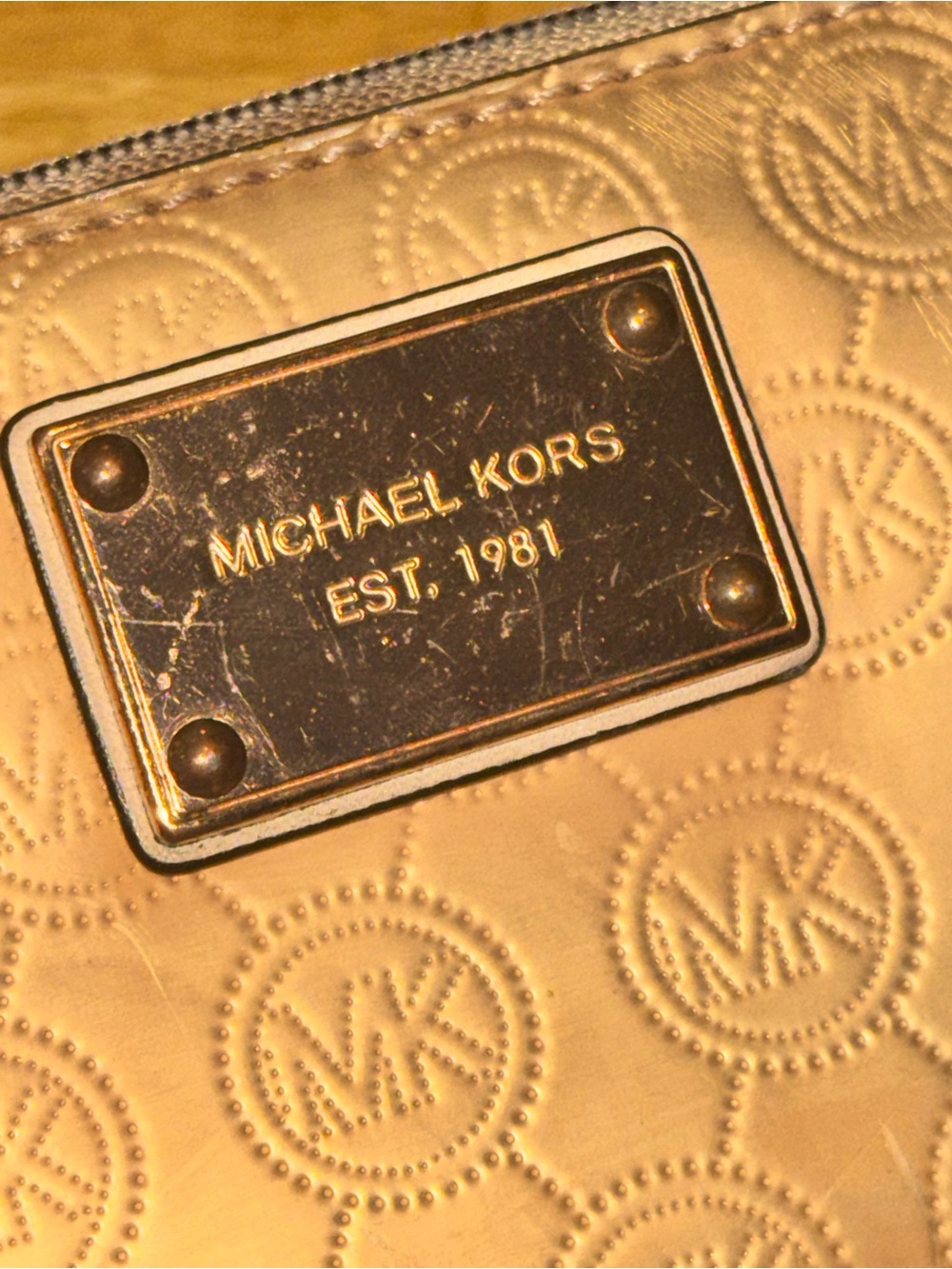Michael Kors Gold Metallic Monogram Wristlet Zip Around Wallet Bag Plaque - Picture 2 of 12